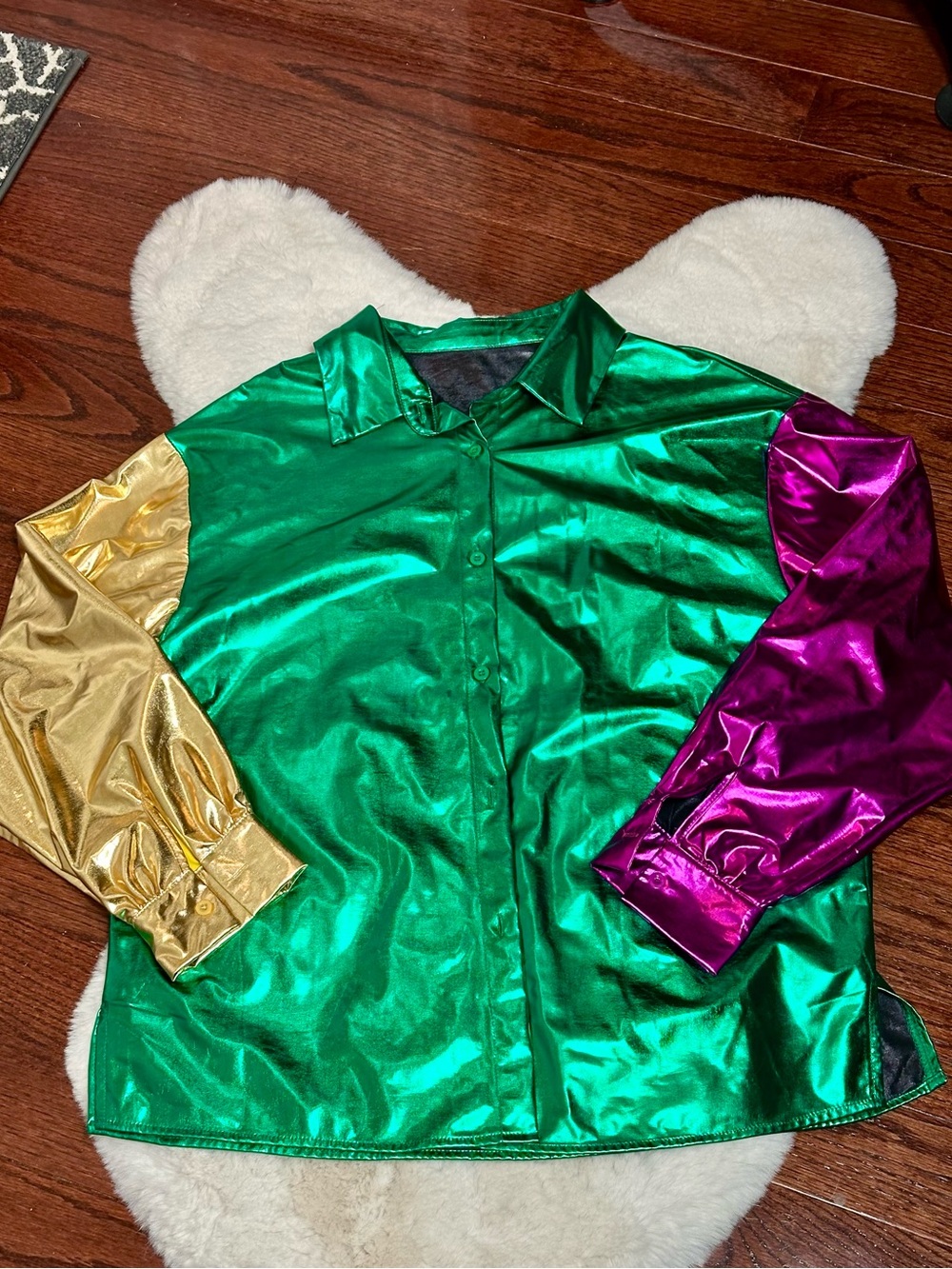 Metallic Green Colorblock Button-Up Shirt /Jacket ( mardi-gras style)